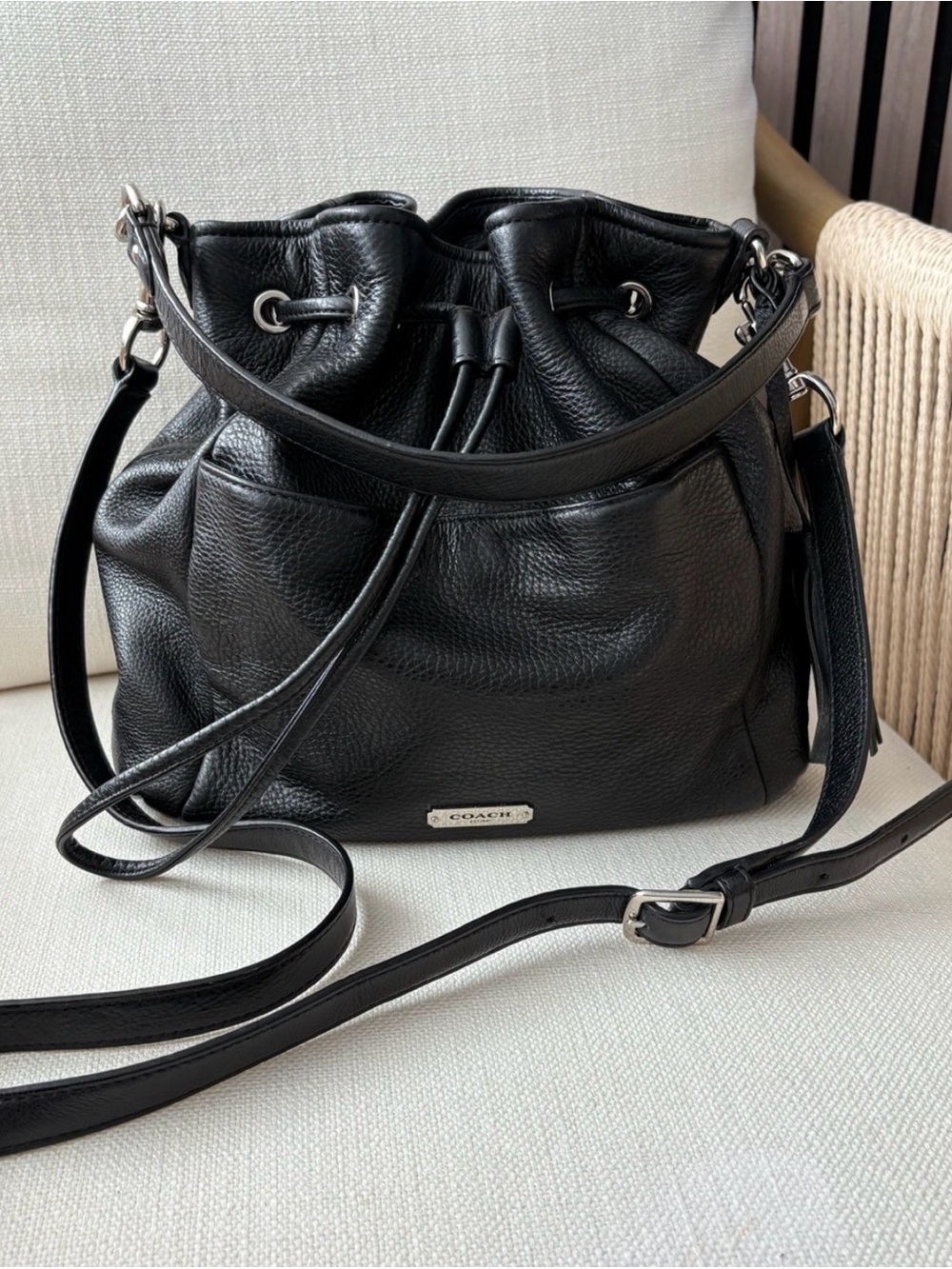 Coach Avery Black Pebbled Leather Drawstring Bucket Bag